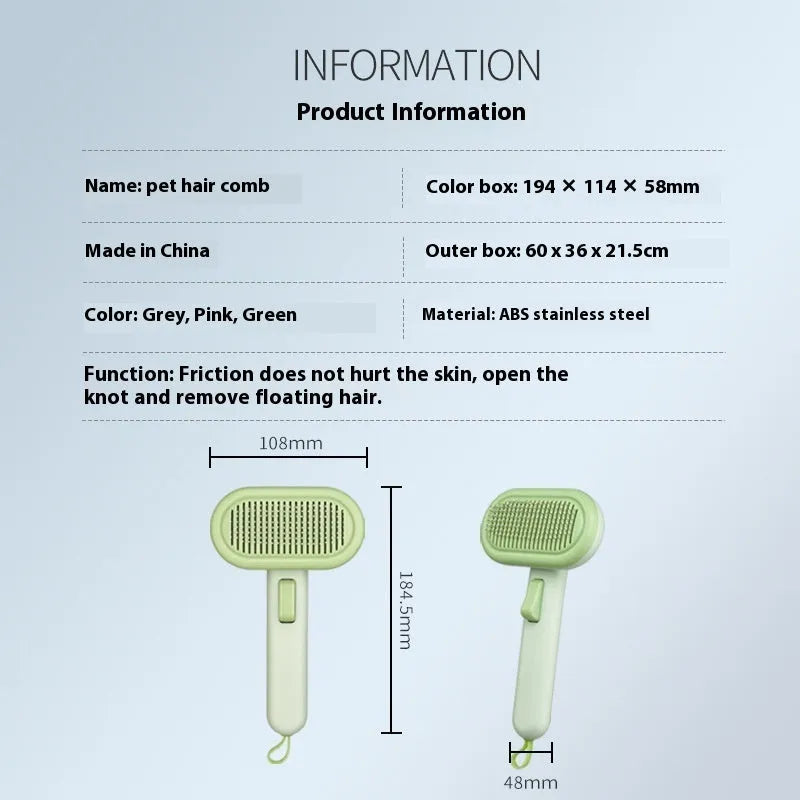 Large pet grooming comb with stainless steel blades in light green colour showing one-click cleaning mechanism