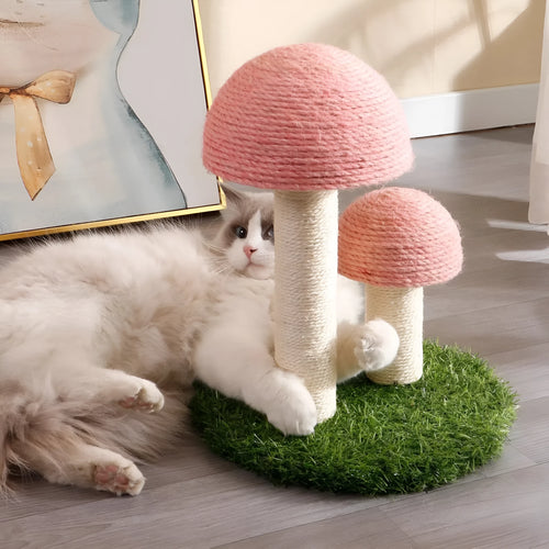 Pink mushroom-shaped cat scratching post with natural sisal scratching surfaces for small cats