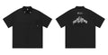 Men's black plus-size loose fit cotton blend shirt with embroidered pocket detail and half sleeves