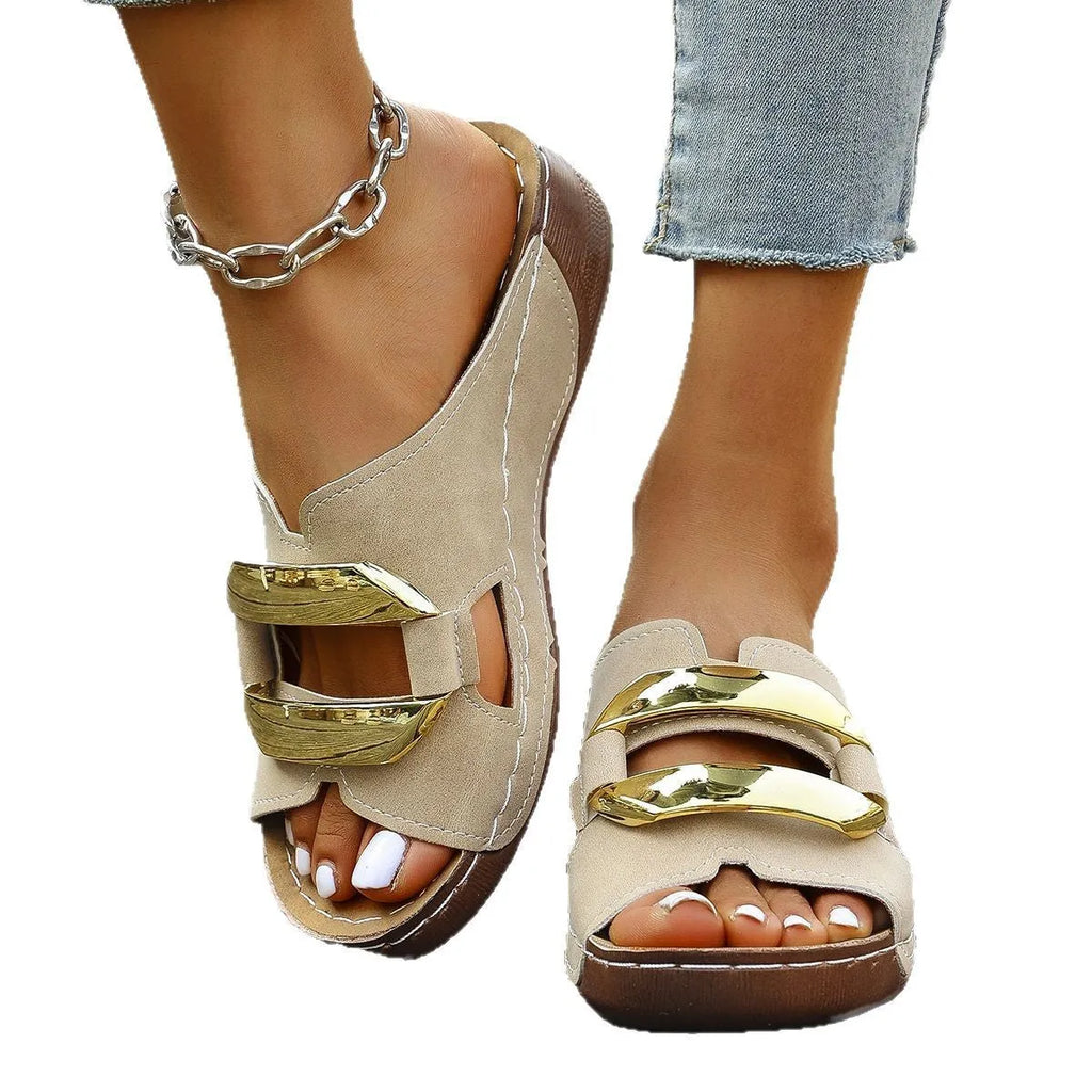 Roman style platform flip-flop sandals in white, black, khaki, and sea blue on a solid background