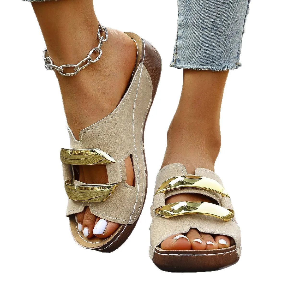 Roman style platform flip-flop sandals in white, black, khaki, and sea blue on a solid background