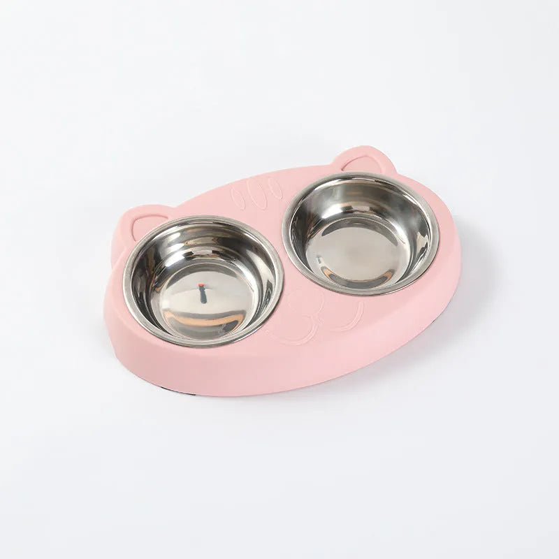 Macaron pet double bowl plastic feeding tray in blue green pink colours measuring 26.5 x 17 x 4 cm