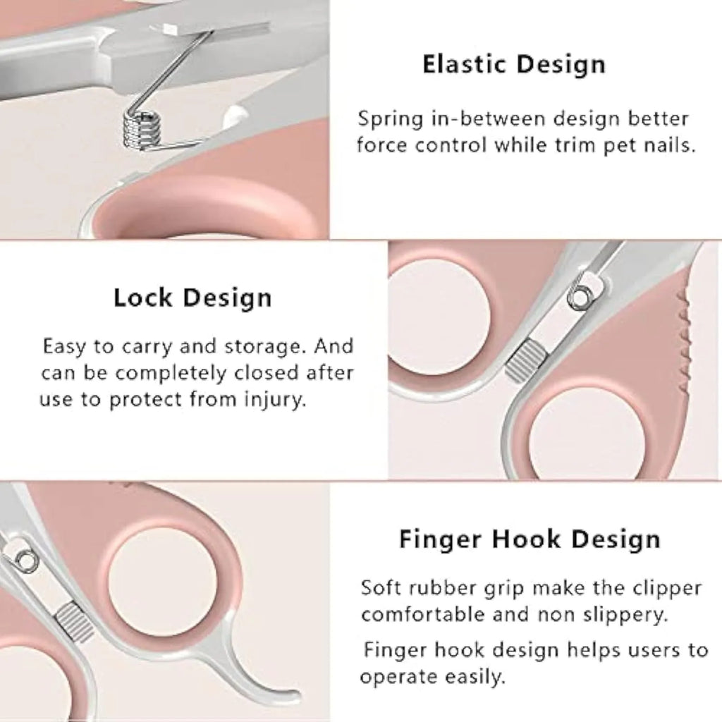 Grey and pink angled blade cat nail clippers with safety guard on a non-slip handle