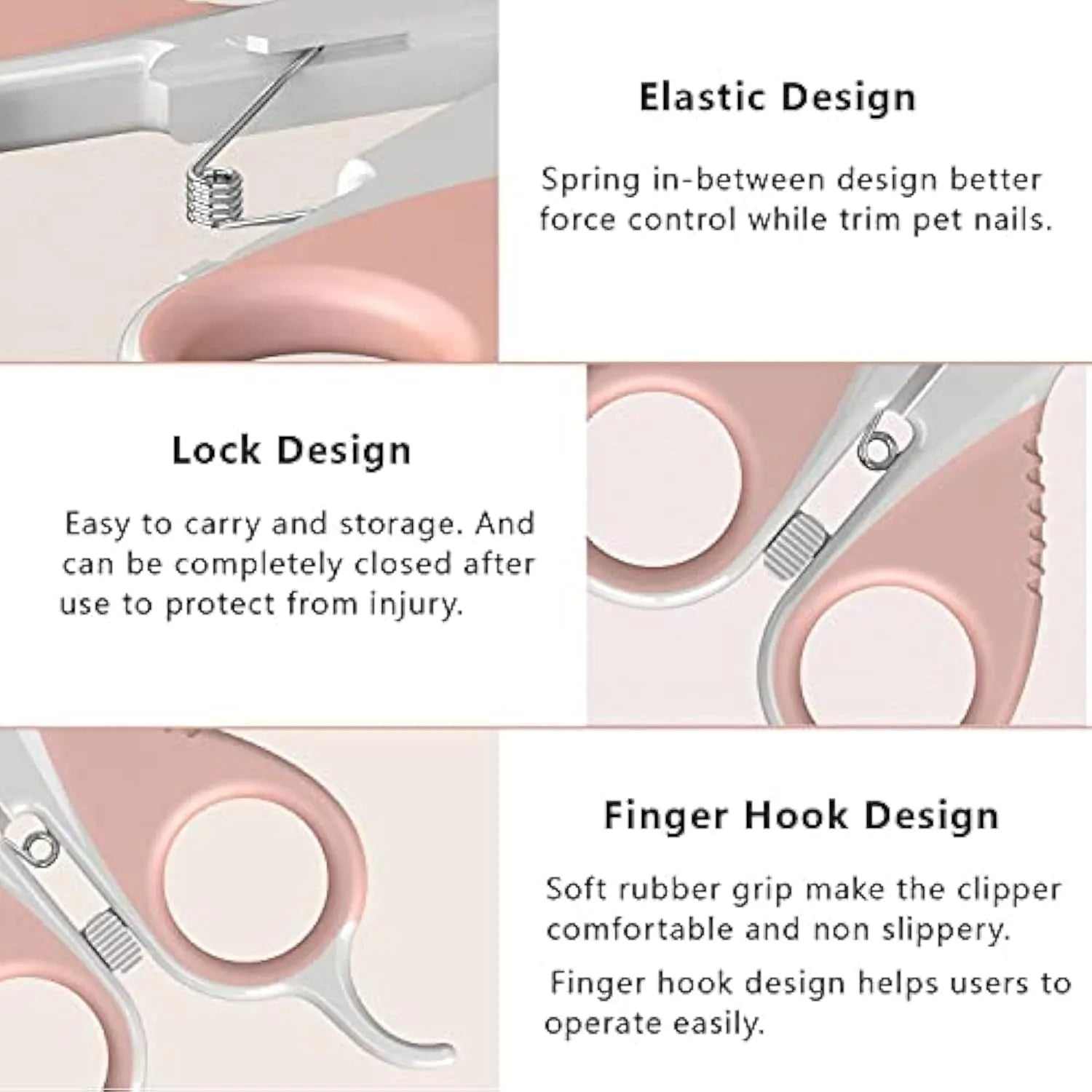Grey and pink angled blade cat nail clippers with safety guard on a non-slip handle