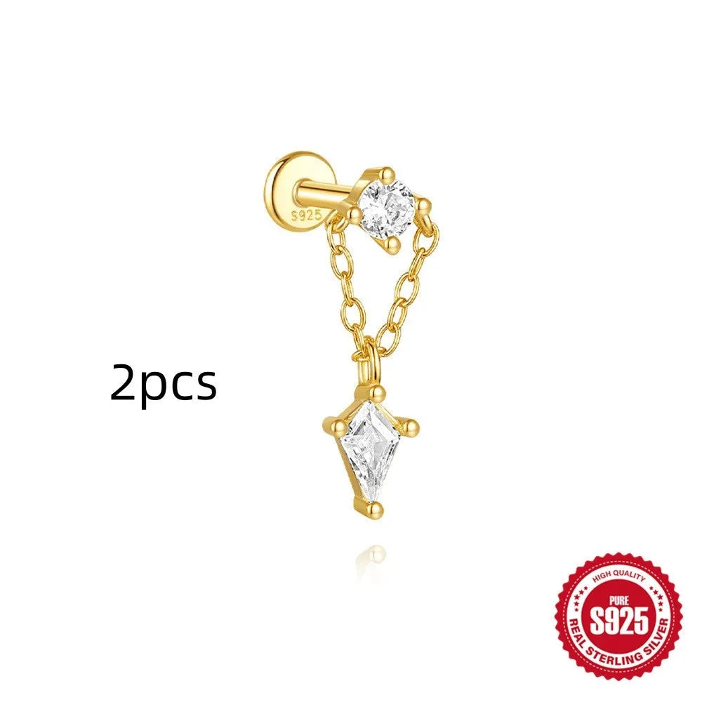 S925 sterling silver geometric kite shaped earrings with chain tassel and rhinestone detailing in gold tone finish