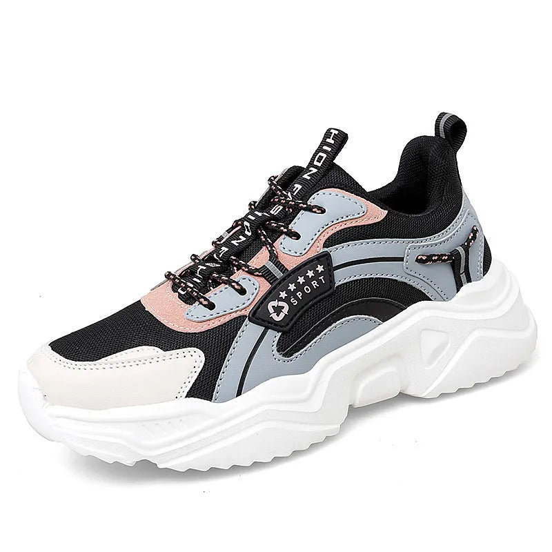 White women's casual sports shoes with mesh upper, buckle, and thick PU sole