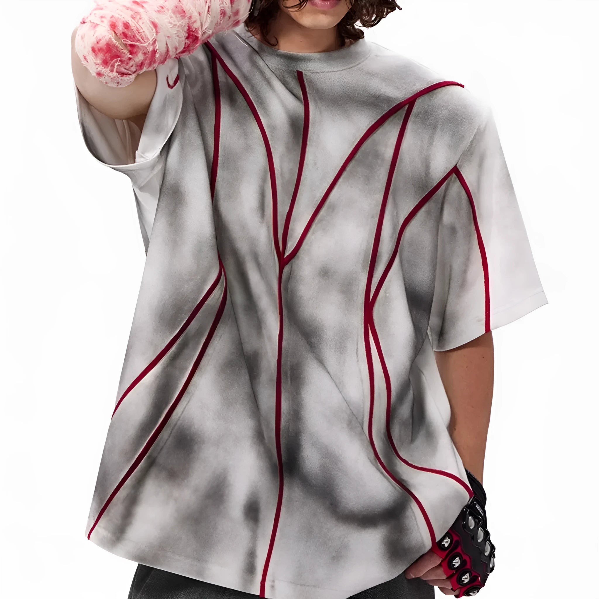 Women's padded shoulder short sleeve t-shirt with three-dimensional patchwork detail and round neck collar