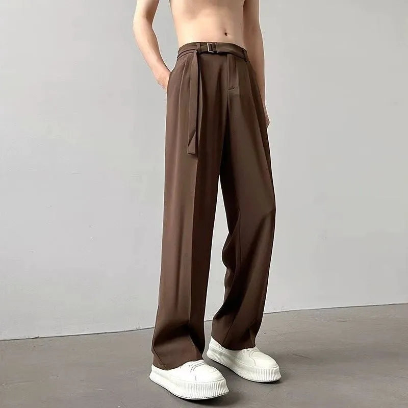 Black wide leg trousers with straight leg opening and non-ironing chemical fibre blend fabric