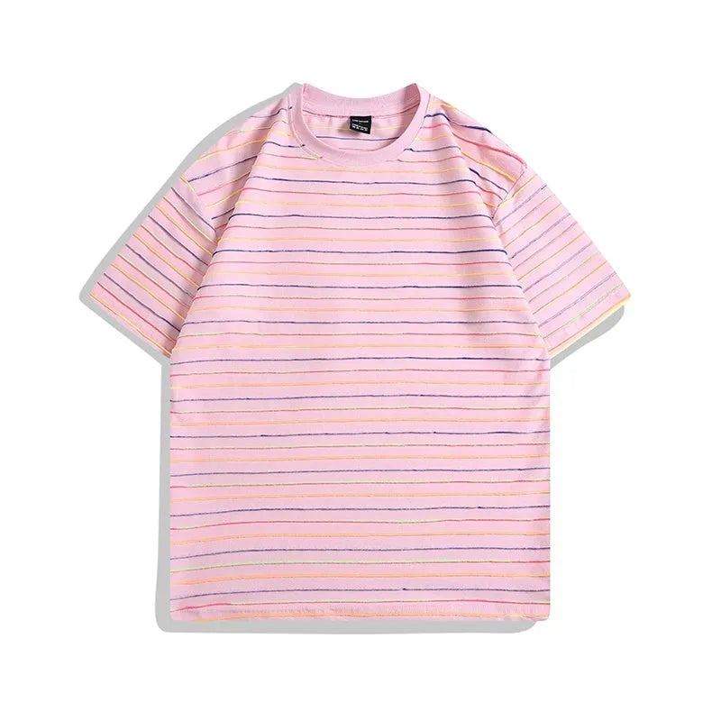 Striped loose fit half sleeve couple's T-shirt in apricot colour with round neck and Asian sizing