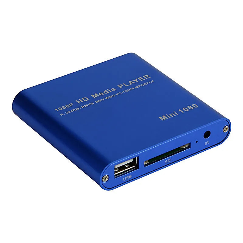 Compact blue and black all-metal 1080P Full HD media player with HDMI port for SD cards and USB drives.