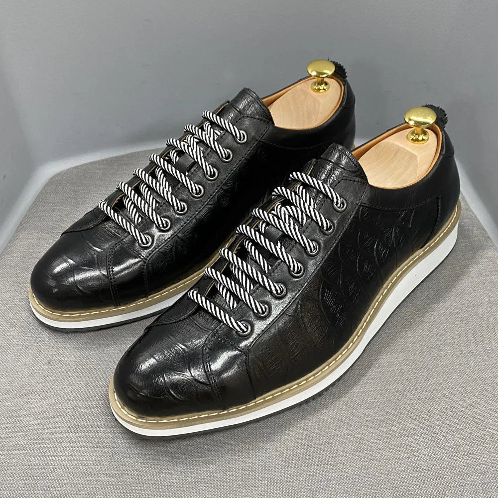 Men's embossed pattern canvas shoes with front tie closure in low tube height design