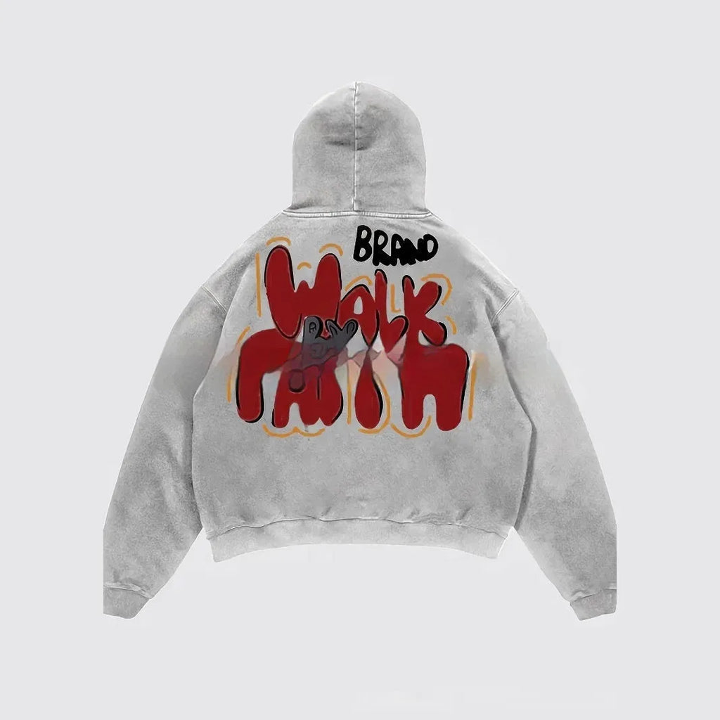 Women's Granny Grey hoodie with vintage Harajuku style letter print and a front pocket.