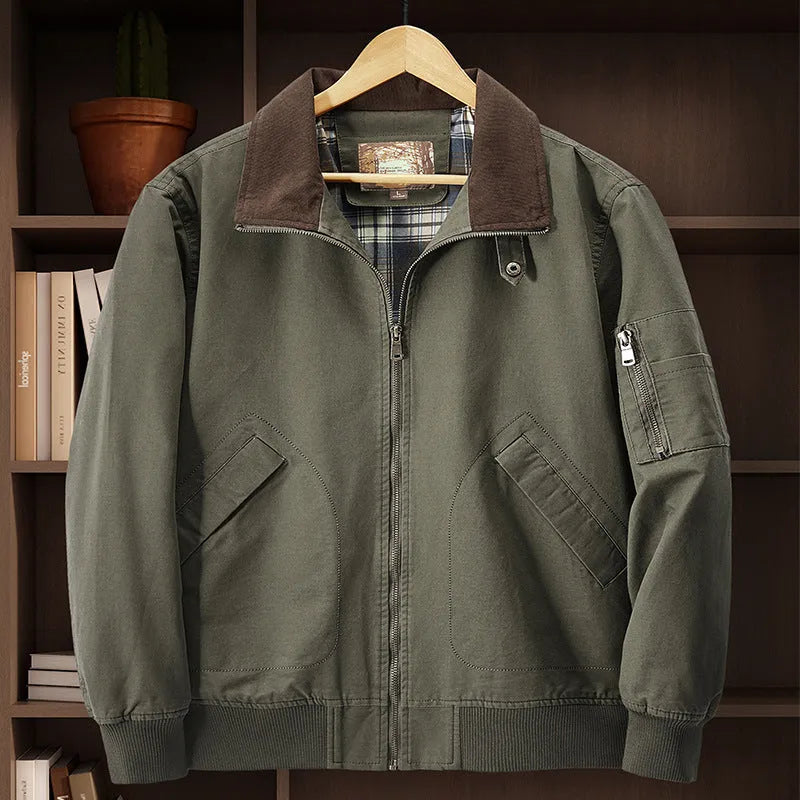 Men's washed cotton baseball flight jacket in Army Green colour on a hanger