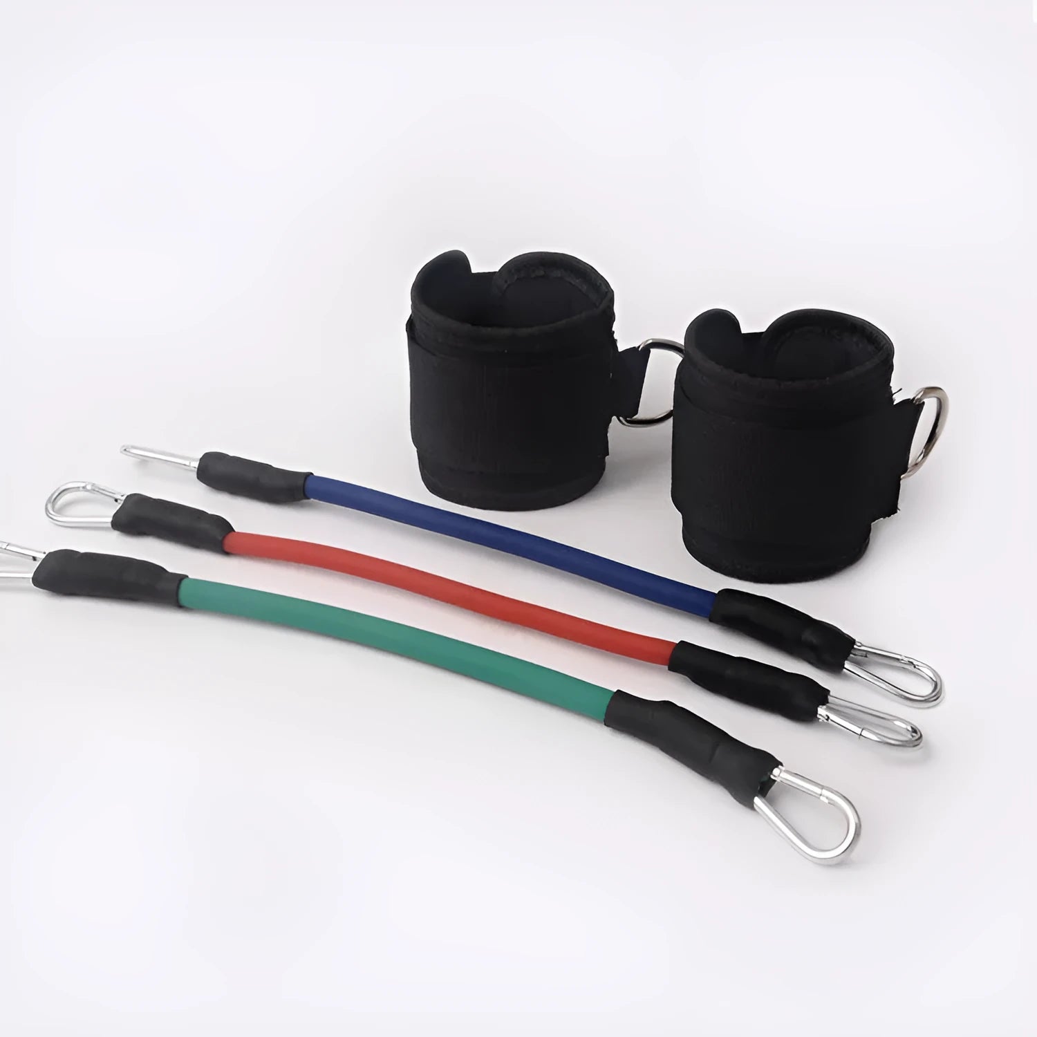Black taekwondo leg training pull rope set for explosive kicking force development.