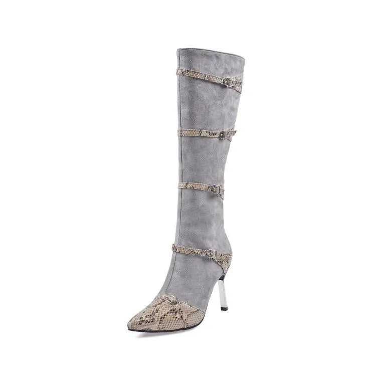 Grey and black women's knee-high boots with a thin 9cm high heel on a rubber sole.