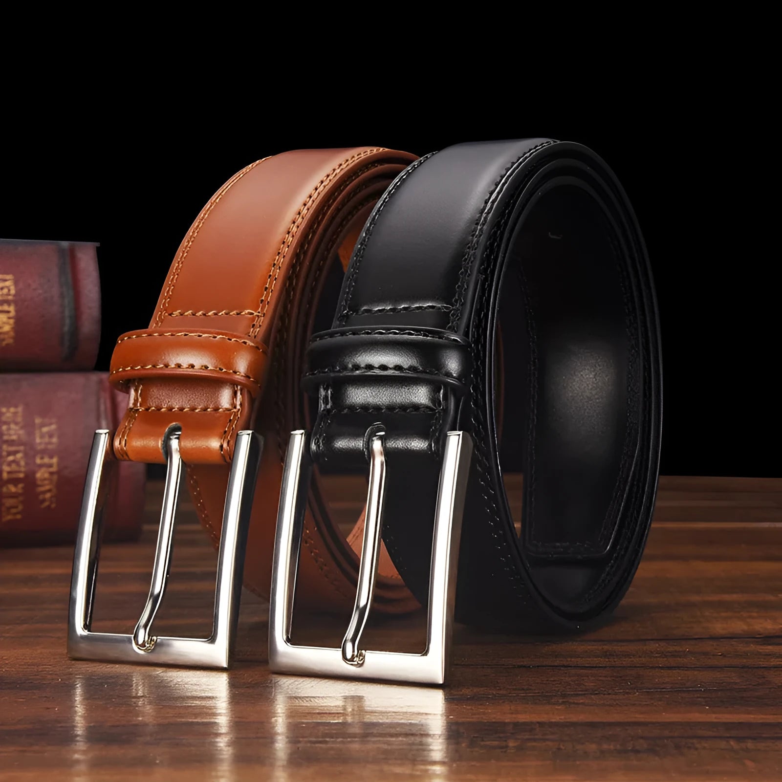 Men's genuine leather belt with alloy pin buckle in black or brown available in multiple lengths