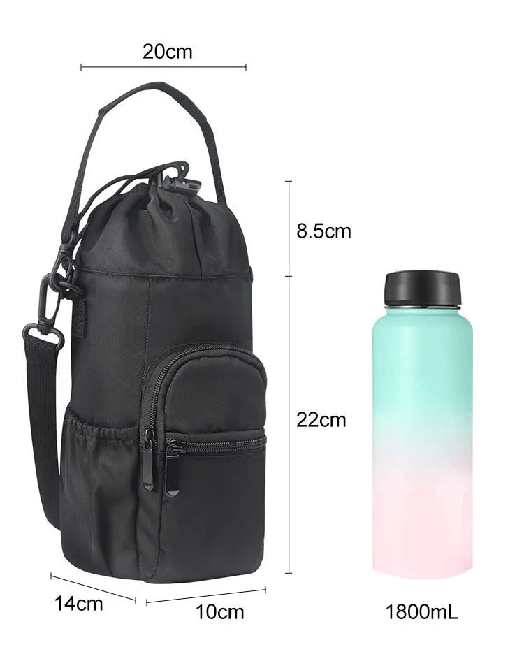 Canvas water bottle shoulder bag with crossbody strap in black, green, and pink colour options.