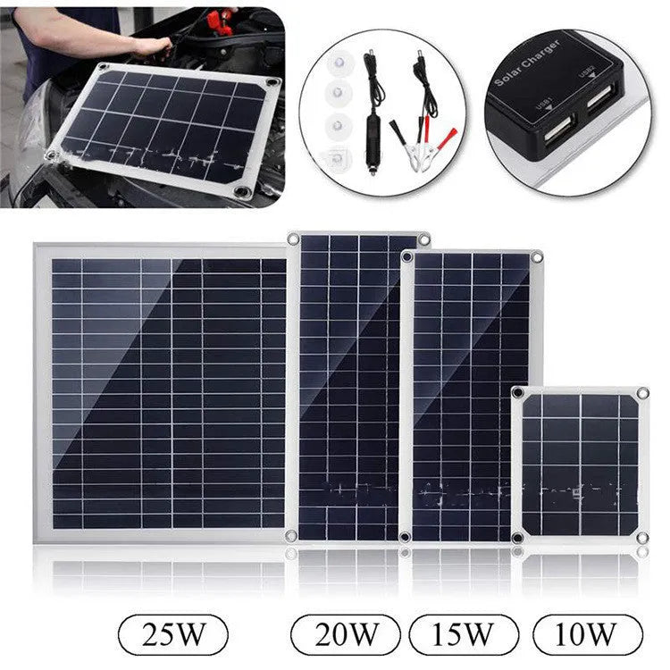 Portable polycrystalline solar panel with dual USB ports for outdoor device charging.
