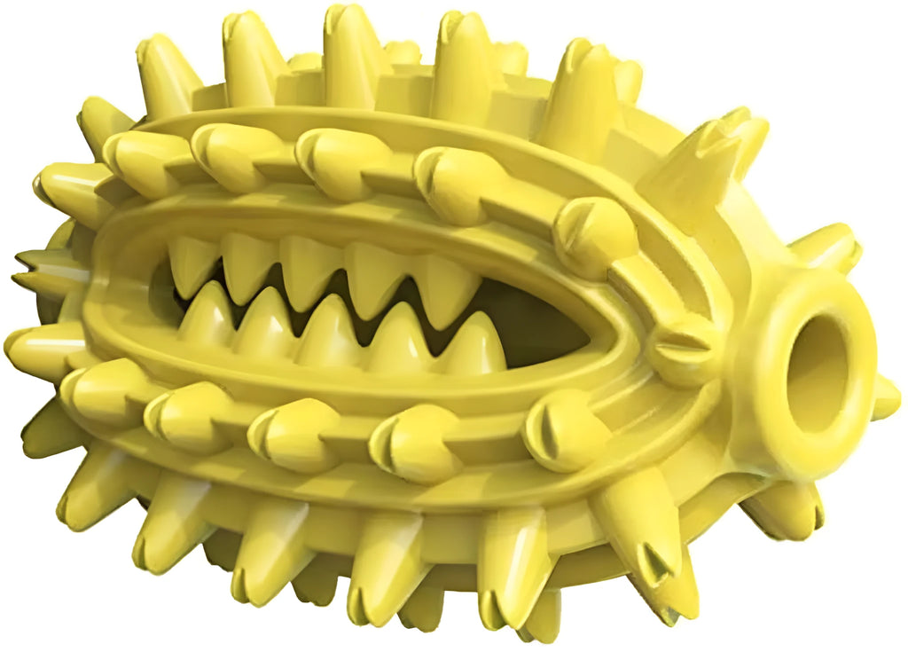 Green and yellow cactus-shaped rubber dog chew toy for dental cleaning