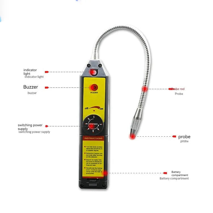 WJL-6000 electronic halogen leak detector with 20cm probe on a workbench.