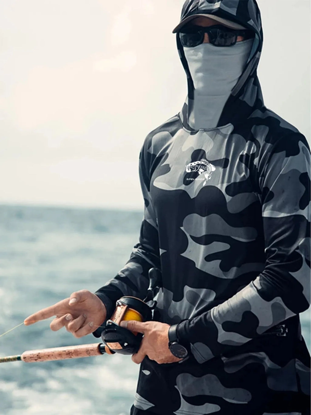 Men's long sleeve fishing hoodie with mesh side panels and crew neck