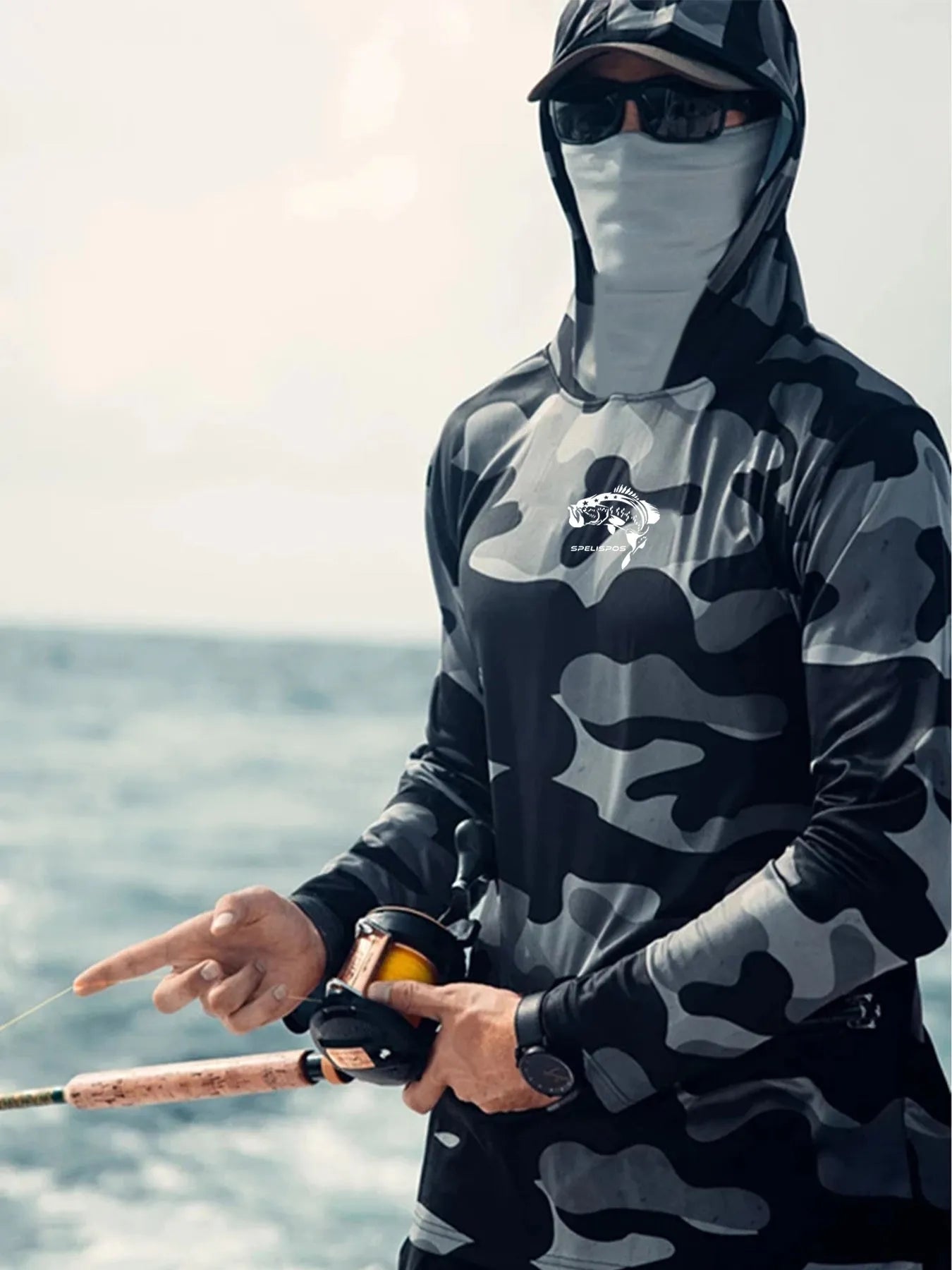 Men's long sleeve fishing hoodie with mesh side panels and crew neck