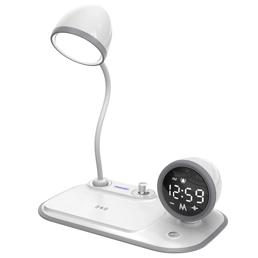 White desk lamp with integrated digital clock display and wireless charging pad surface