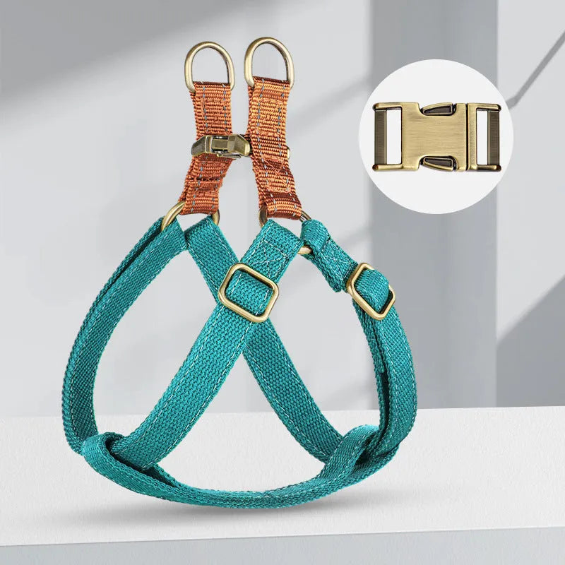 Brown vest style dog leash harness with alloy fastener for small to medium dogs