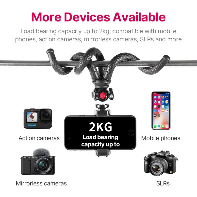 Black octopus tripod with mobile phone clip extended to 360mm length on a table