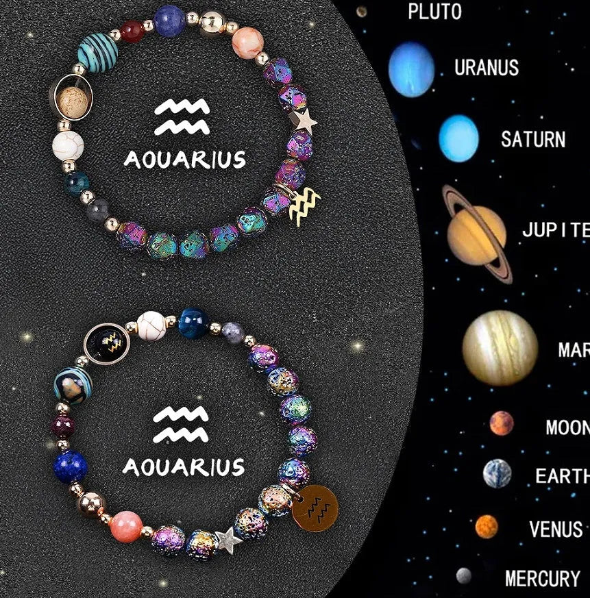 Two natural stone beaded bracelets with zodiac sign charms on a white background