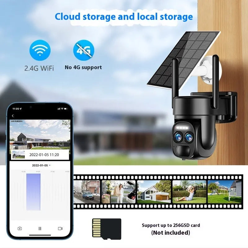 Solar-powered outdoor surveillance camera with 8x zoom lens and dual connectivity options