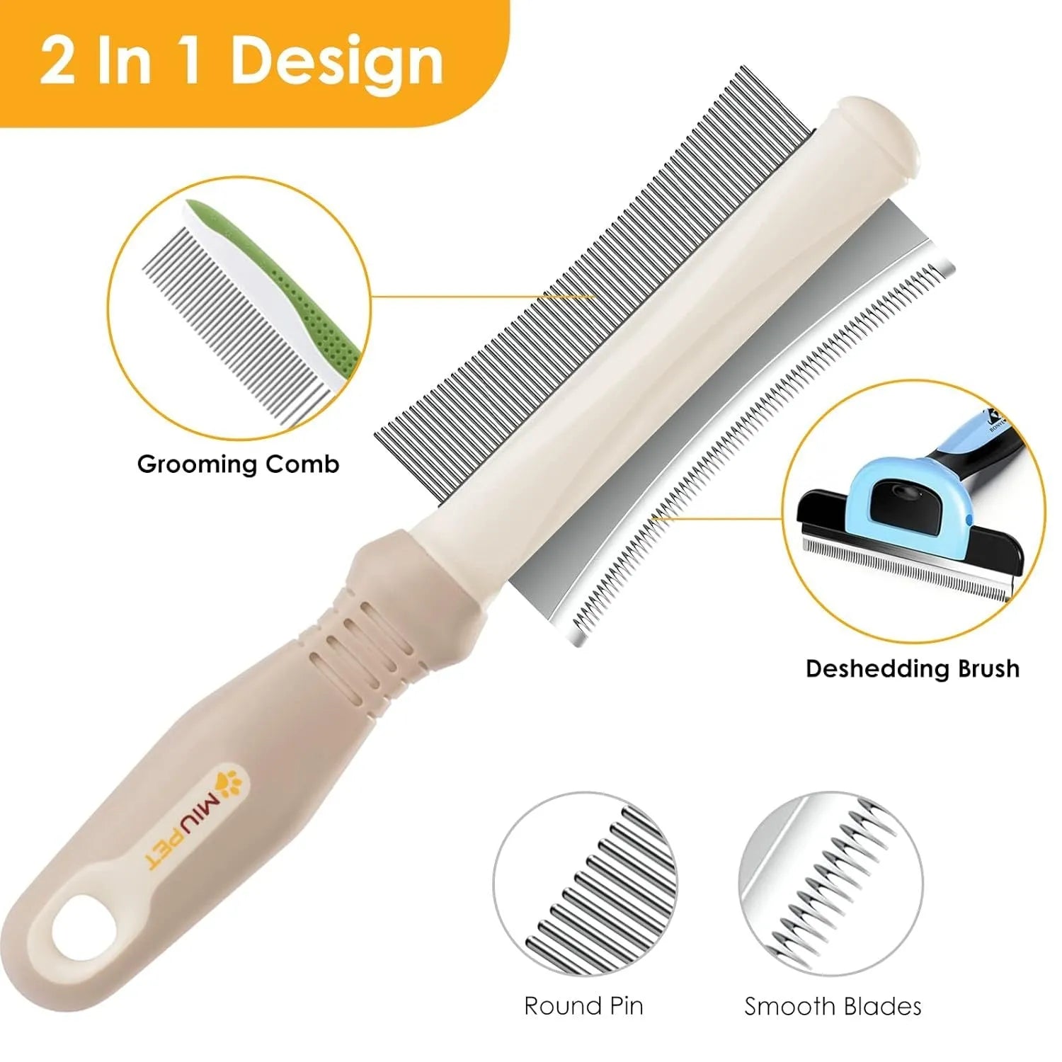 White 2 in 1 dog and cat grooming brush with curved comb and deshedding sides measuring 230mm