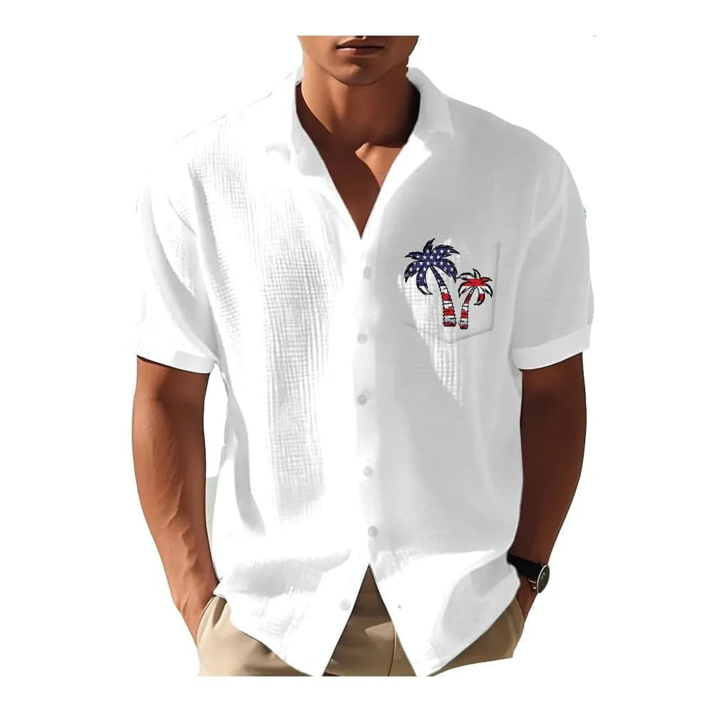 Men's loose fit Hawaiian shirt with colourful digital print pattern and short sleeves.