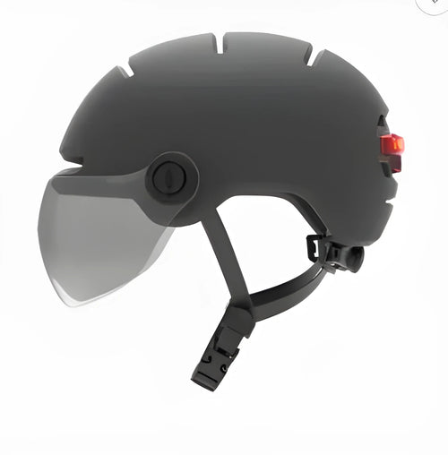 Adult cycling helmet with integrated red LED brake and tail light on the back, shown in sizes M and L.