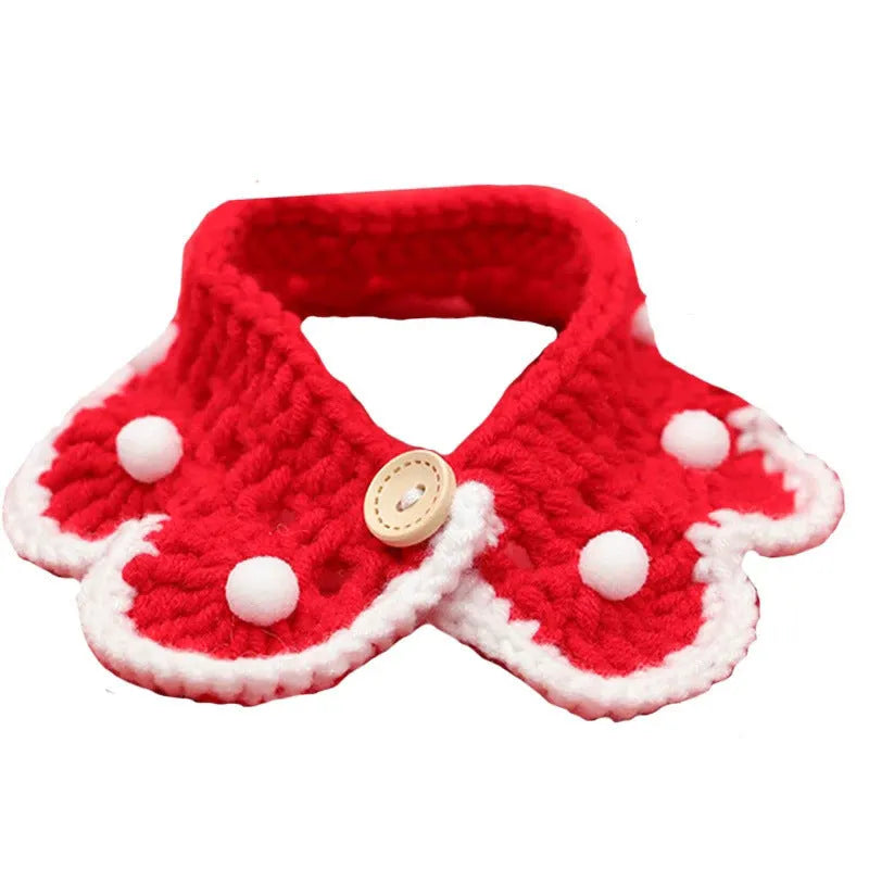 Handmade knitted pet collar in milk cotton with a cartoon pattern, shown in multiple sizes for cats, dogs, and rabbits.