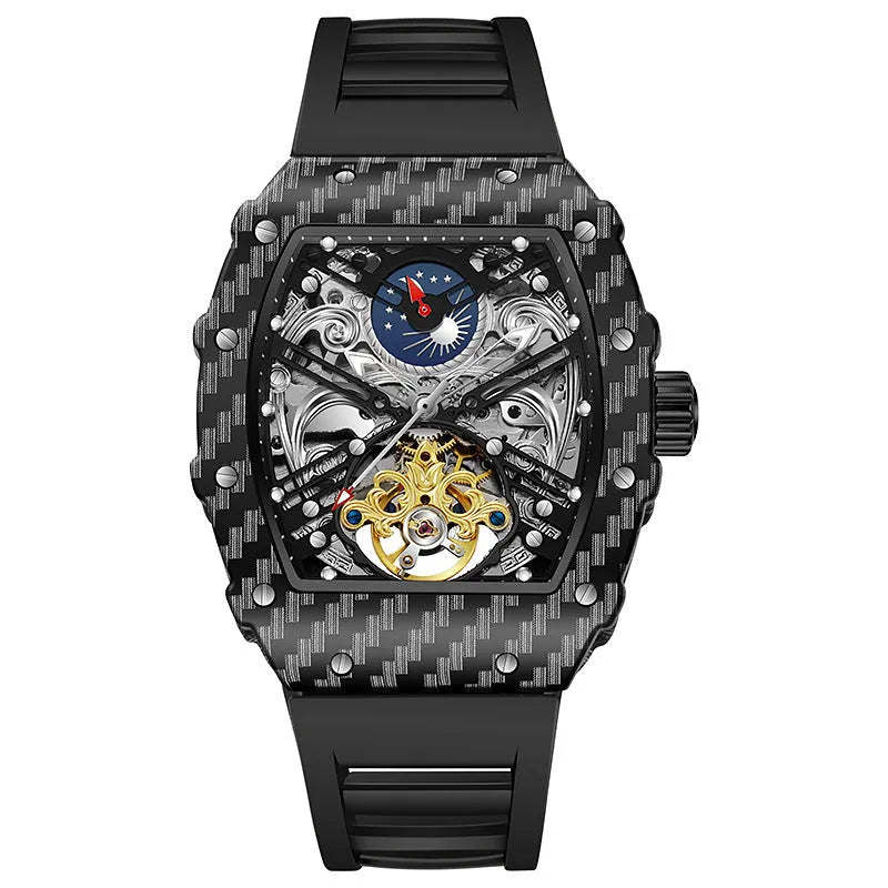 Men's mechanical waterproof watch with luminous dial, rubber strap and see-through case back showing movement