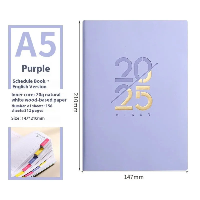 A5 daily planner with soft faux leather cover showing multiple colour options including pink yellow purple blue green