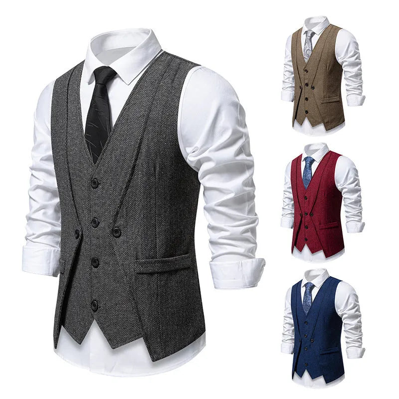 Men’s retro fake two-piece slim-fit vest coat in dark gray for formal banquet wear