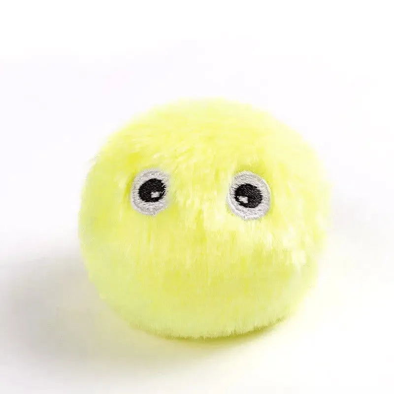Interactive cat toy ball producing animal sounds when touched, available in blue, pink, and yellow