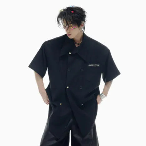 Men's loose fit short-sleeved summer shirt in blue with lapel collar and metal buttons