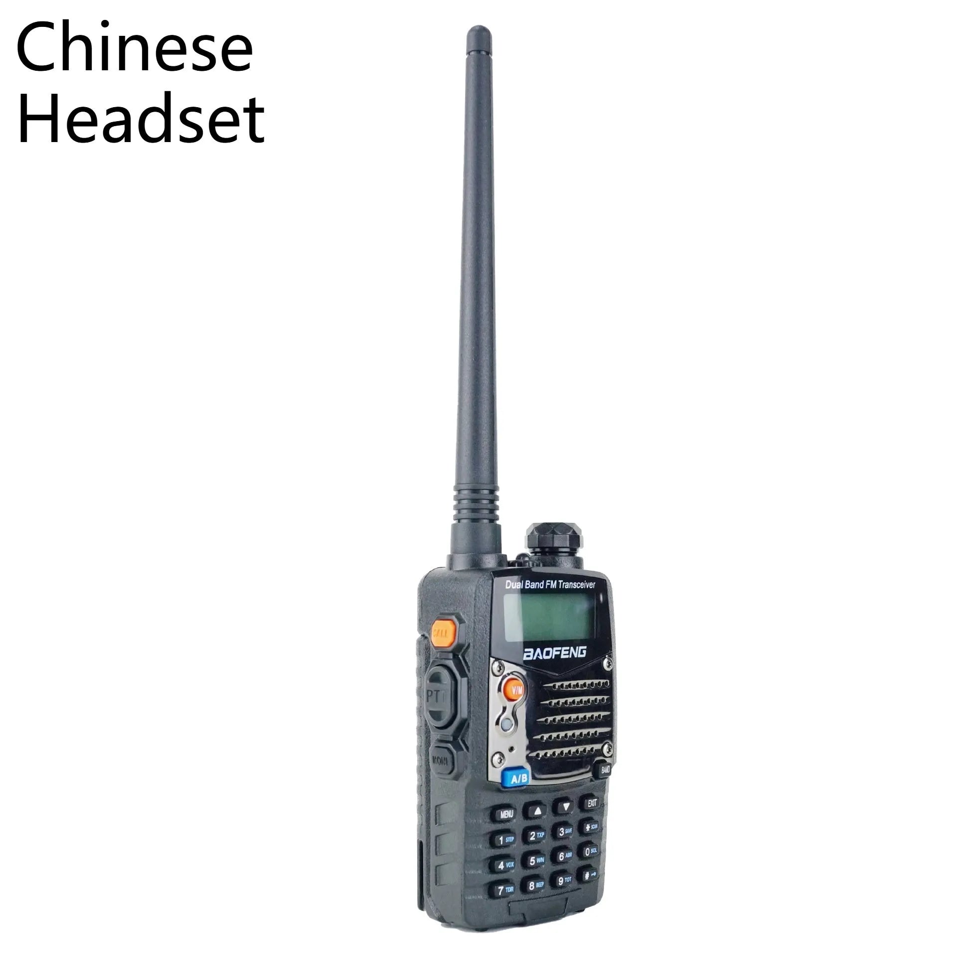 Baofeng UV-5RA dual-band walkie-talkie with dual display showing channel information