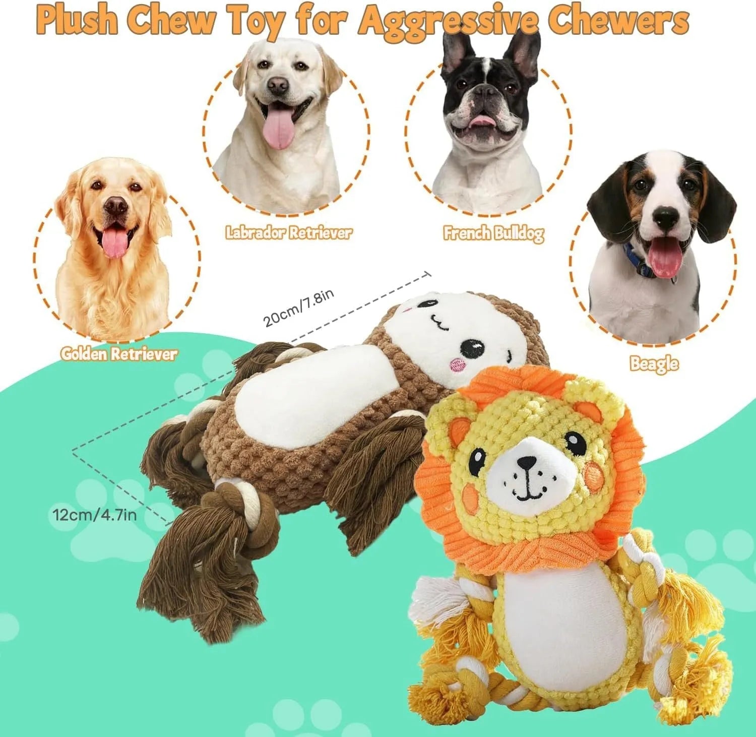 Lion and monkey plush squeaky dog toys side by side, showcasing two different designs in the bundle.