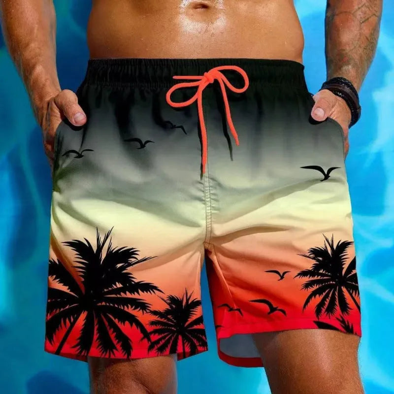 Men's loose board shorts in ethnic pattern with medium elastic waistband