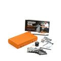 Open case showing emergency tyre repair tool set with reamer, insertion tool, pressure gauge, pliers, knife, and hex wrench.
