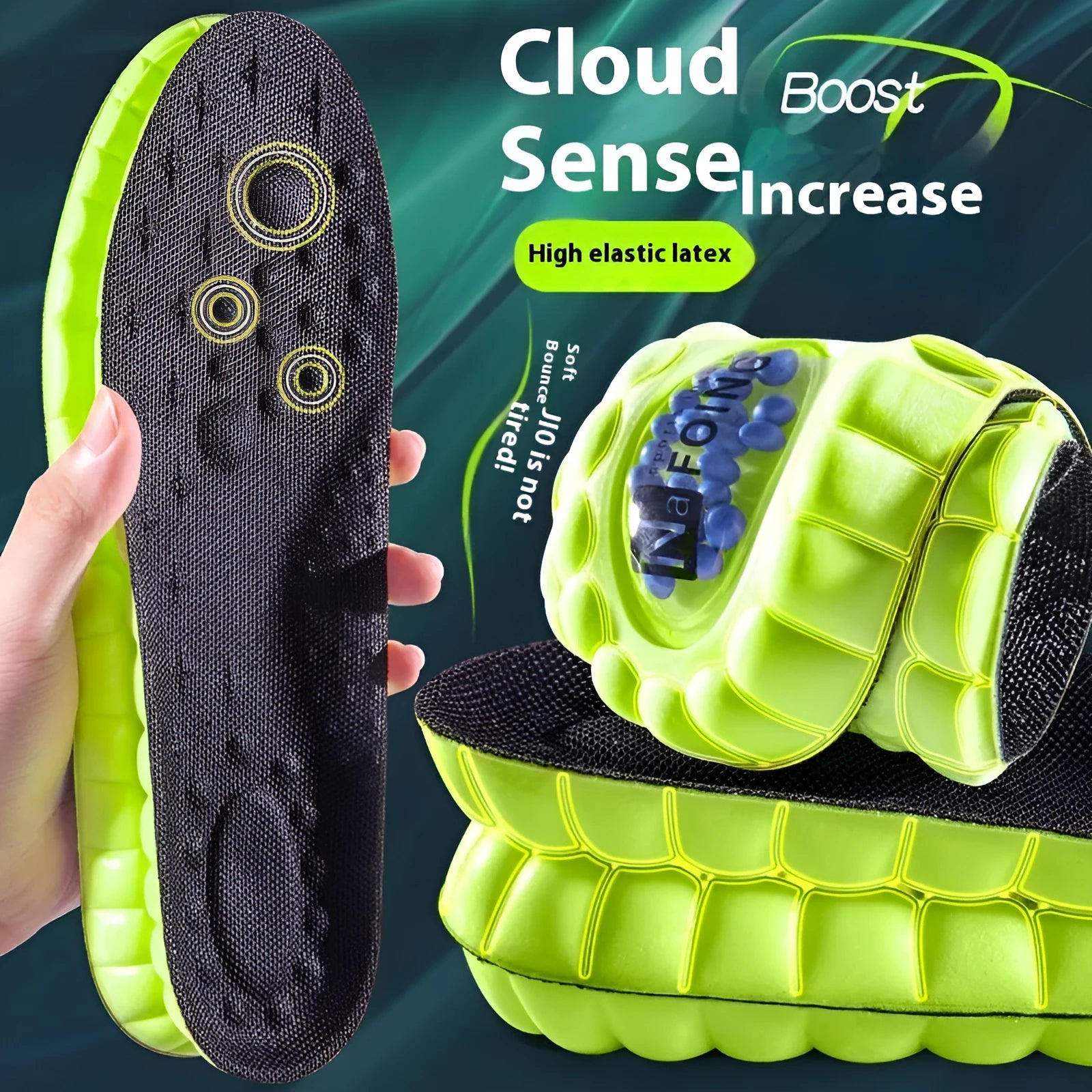 Green PU sports insoles with air cushion design and argy wormwood, shown alongside a size chart.