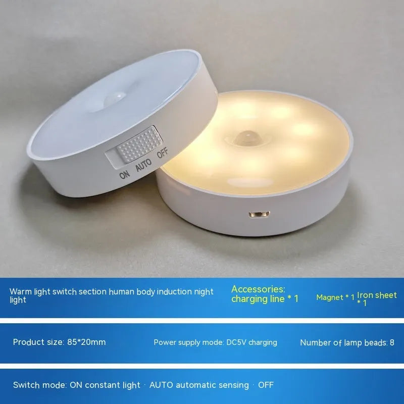 USB rechargeable body sensing LED night light in beige or white with 86mm diameter