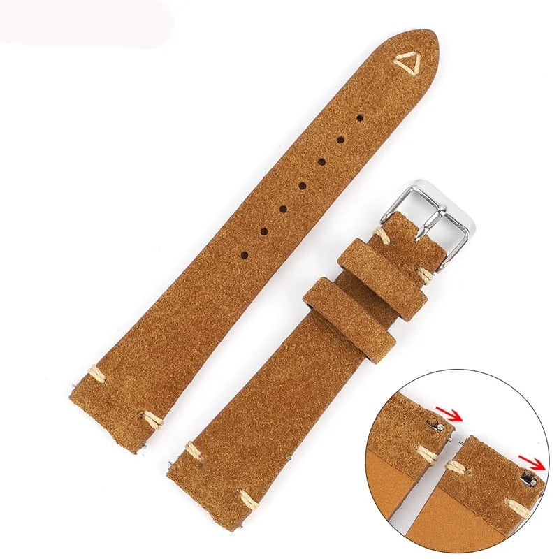 Brown genuine suede leather watch strap with small waist design on a wrist.
