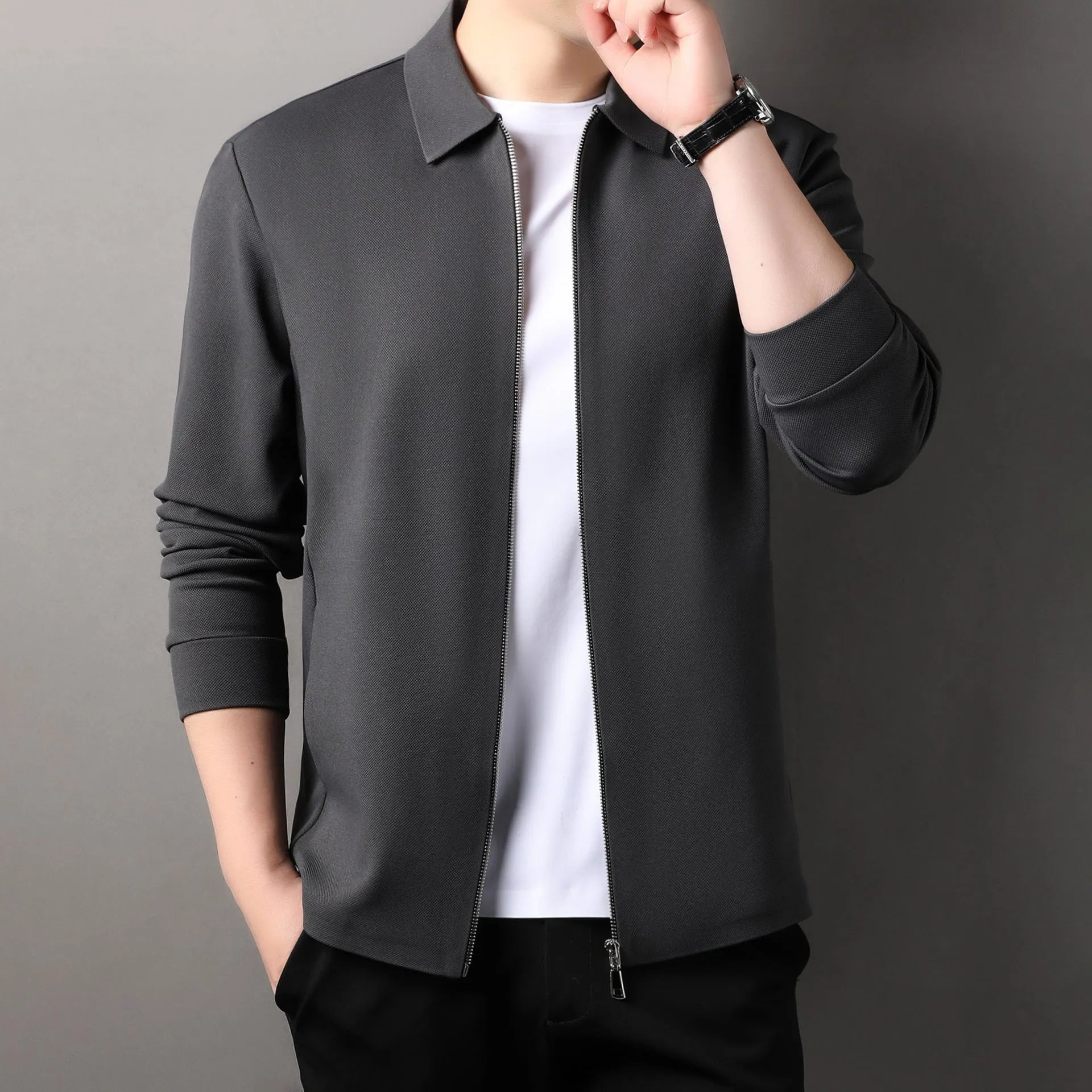 Men's polyester jacket in black, dark grey, or apricot with long sleeves and straight hem.