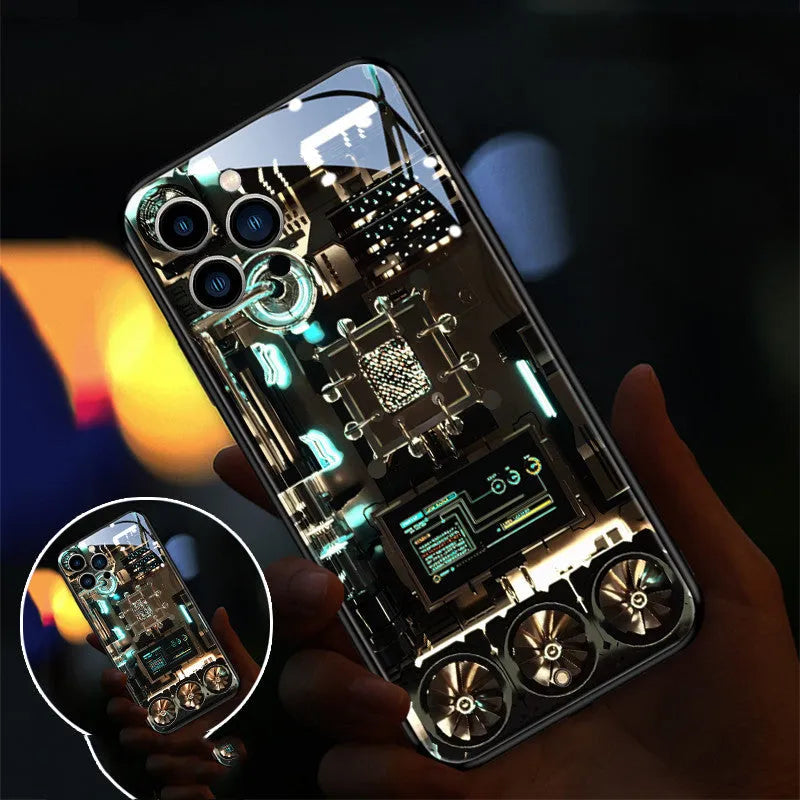 Transparent tempered glass iPhone case with incoming light feature showing Lightning Rhombus design.