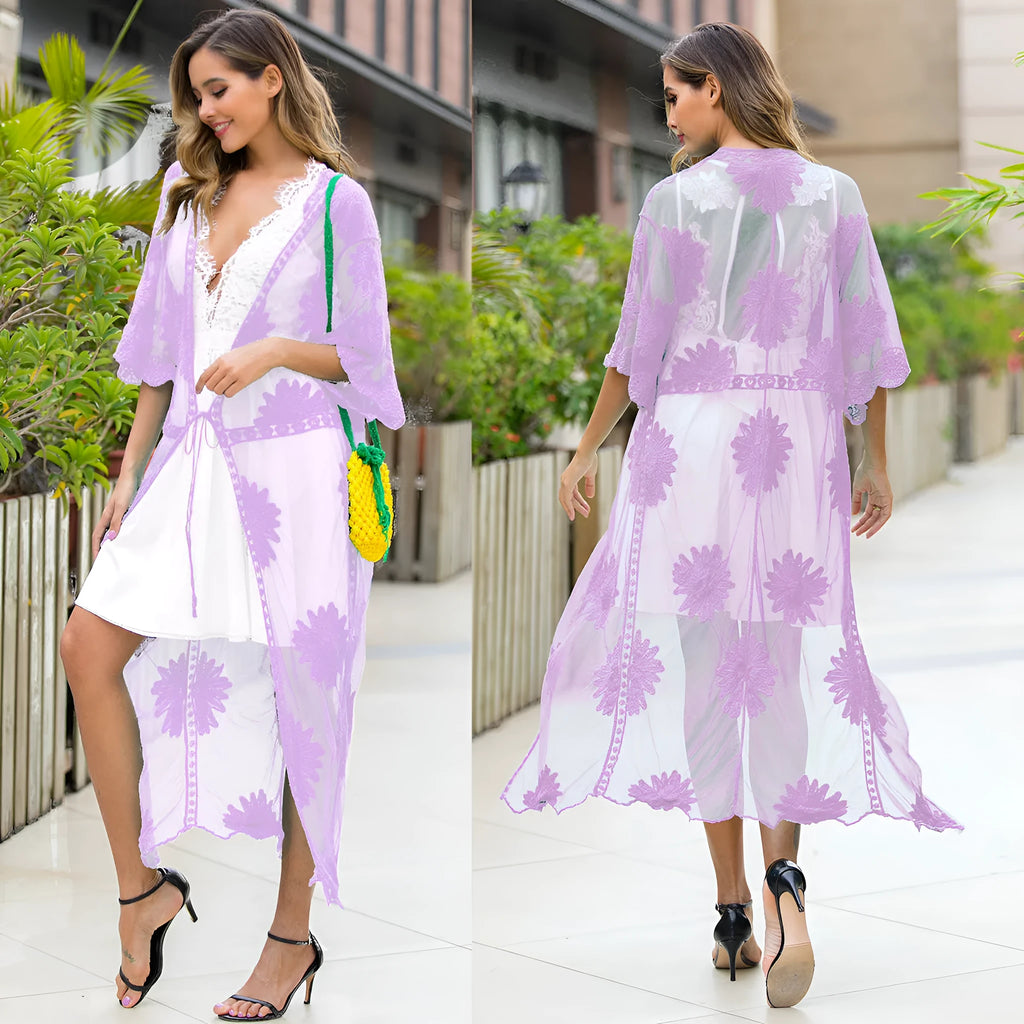 Light purple lace embroidery beach cover-up dress for swimming and beachwear